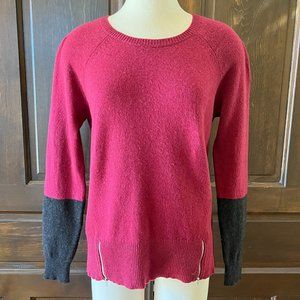Eileen Fisher Yak Merino Wool Sweater Burgundy Black Zip Accent Jewel Neck Sz M